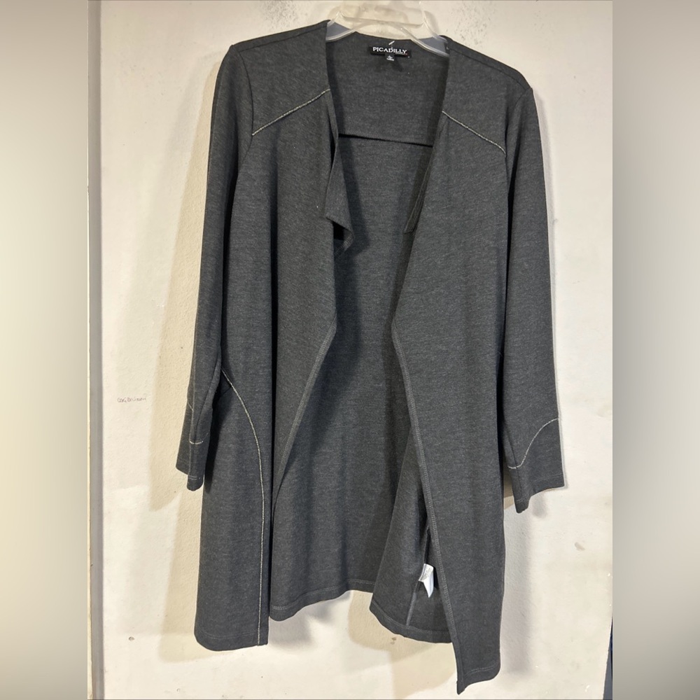 Picadilly Long Open Front Cascade Cardigan Large Gray W/Fold Stitch Detail, EUC